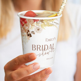 ウォーターカラー ボホ フラワー | テラコッタ ブライダル シャワー 紙コップ
