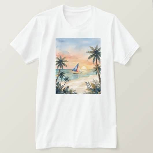 ウォーターカラー ボラカイ島 夕焼け ビーチ フィリピン Tシャツ (デザイン正面)