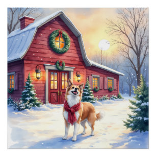 ウォーターカラー ボーダーコリー カントリーバーン クリスマス ポスター