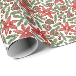 ウォーターカラー ポインセチア 松とベリー クリスマス ラッピングペーパー