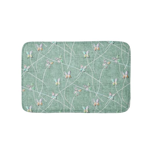ウォーターカラー ミントグリーンの蝶々  バスマット (正面)