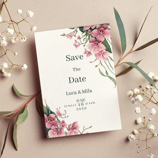 ウォーターカラー ミント ピンク オーキッド フラワー Save the Date 招待状