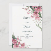 ウォーターカラー ミント ピンク オーキッド フラワー Save the Date 招待状 (正面)