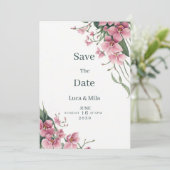 ウォーターカラー ミント ピンク オーキッド フラワー Save the Date 招待状 (スタンド正面)
