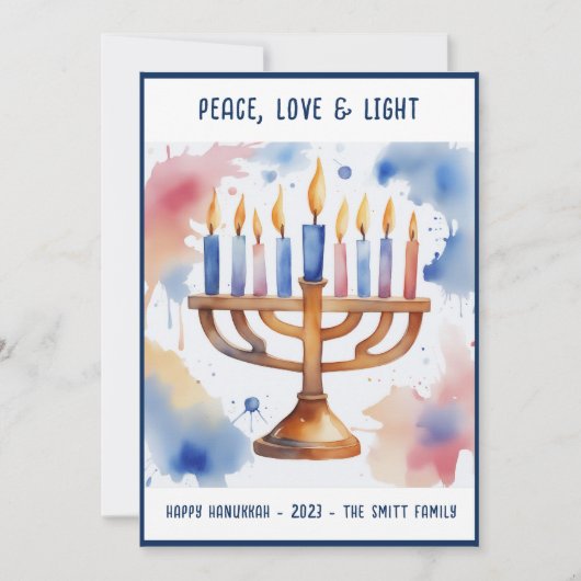 ウォーターカラー（ユダヤ教）メノラーハッピーハヌカー 案内状 (正面)