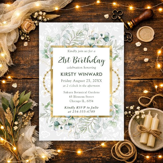 ウォーターカラー ユーカリとグリーン 誕生日 招待状