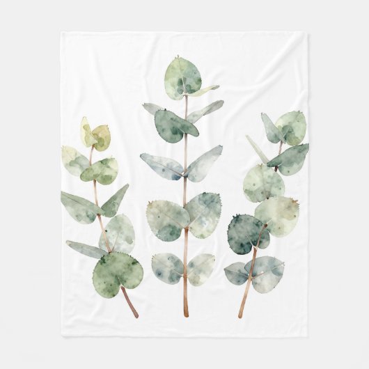 ウォーターカラー ユーカリの葉 植物画 フリースブランケット (正面)