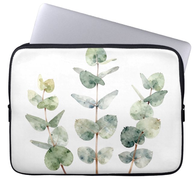 ウォーターカラー ユーカリの葉 植物画 ラップトップスリーブ (正面)
