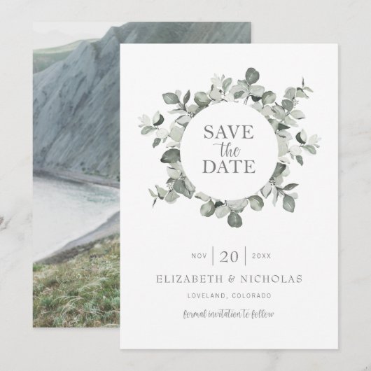 ウォーターカラー ユーカリ ウェディング 写真付き Save The Date セーブザデート (正面/裏面)