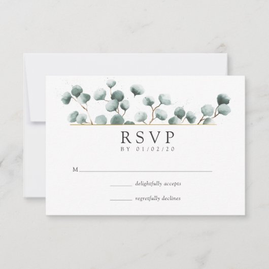 ウォーターカラー ユーカリ 幾何学 ウェディング RSVP (正面)
