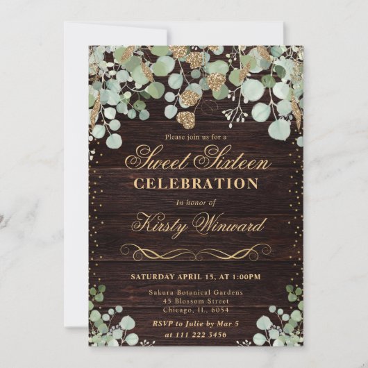ウォーターカラー ラスティック ユーカリ ゴールド スイート16 招待状 (正面)