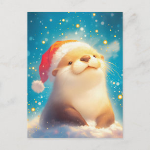 ウォーターカラー ラッコ サンタハット クリスマス ポストカード
