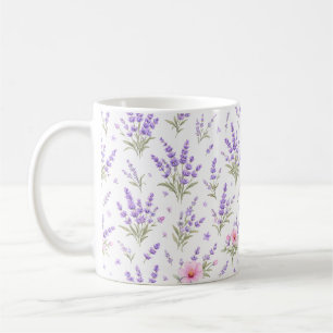 ウォーターカラー ラベンダーとピンクの野の花 コーヒーマグ コーヒーマグカップ