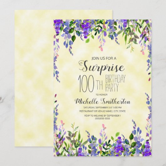 ウォーターカラー ラベンダー イエロー サプライズ 100歳の誕生日 招待状 (正面/裏面)