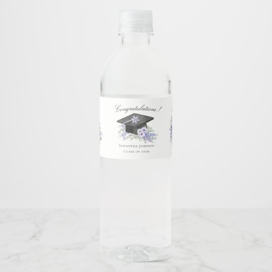 ウォーターカラー ラベンダー 紫の花の卒業式 ペットボトルラベル (正面)