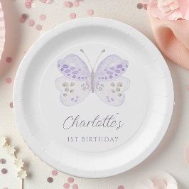 ウォーターカラー ラベンダー 蝶 1歳 誕生日パーティー ペーパープレート