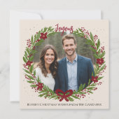 ウォーターカラー リース おしゃれ グリーン レッド リボン モダン フォト シーズンカード (正面)