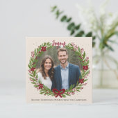 ウォーターカラー リース おしゃれ グリーン レッド リボン モダン フォト シーズンカード (スタンド正面)