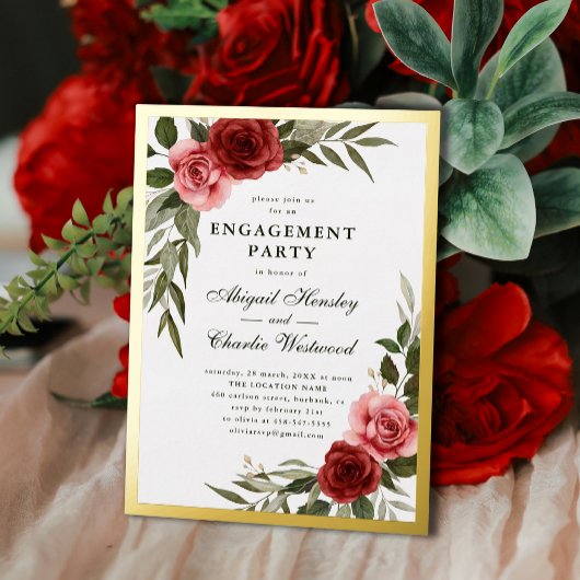 ウォーターカラー レッド＆ピンク ローズ 結婚 記念 パーティー 箔招待状