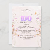 ウォーターカラー+ワイルドフラワー+蝶+100歳の誕生日 招待状 (正面)