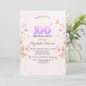 ウォーターカラー+ワイルドフラワー+蝶+100歳の誕生日 招待状 (スタンド正面)