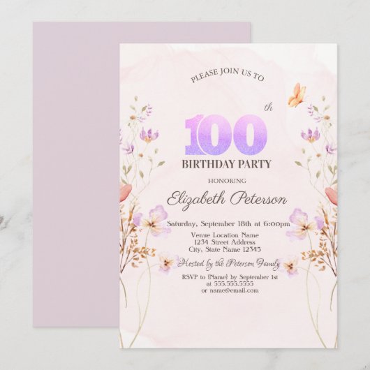 ウォーターカラー+ワイルドフラワー+蝶+100歳の誕生日 招待状 (正面/裏面)