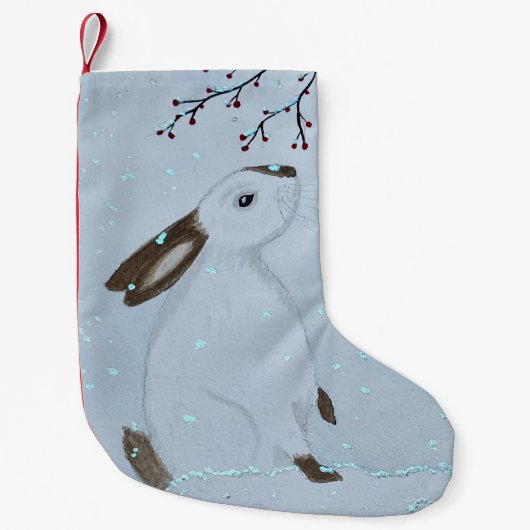 ウォーターカラー 冬のウサギ スモールクリスマスストッキング (正面)