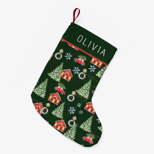 ウォーターカラー 冬 クリスマスツリー 名前入り スモールクリスマスストッキング (正面 (吊り時))