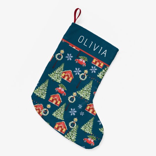 ウォーターカラー 冬 クリスマスツリー 名前入り スモールクリスマスストッキング (正面 (吊り時))