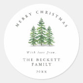 ウォーターカラー 松の木 森林 クリスマス ラウンドシール (正面)