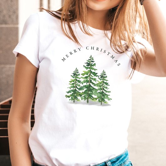 ウォーターカラー 松の木 森林 クリスマス Tシャツ