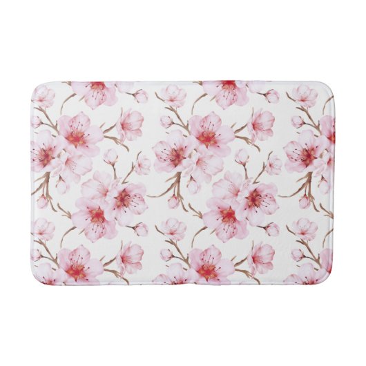 ウォーターカラー 桜 ピンク 白 バスマット (正面)