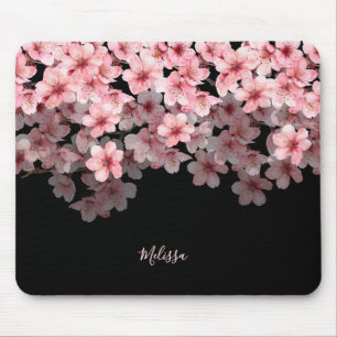 ウォーターカラー 桜 ブラック ピンク あなたの名前 マウスパッド