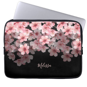 ウォーターカラー 桜 ブラック ピンク あなたの名前 ラップトップスリーブ