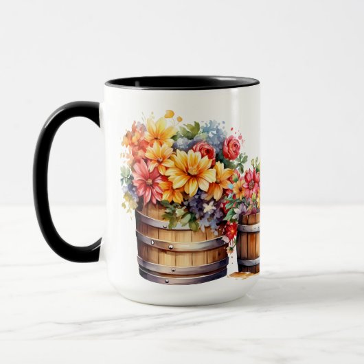 ウォーターカラー 水の樽 オレンジ 黄色 花 マグカップ (左)