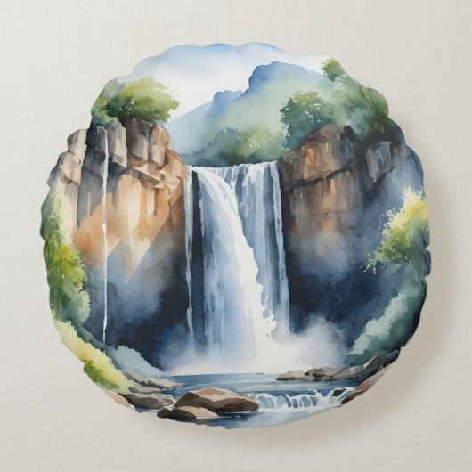 ウォーターカラー(水彩画)の滝 ラウンドクッション (正面)
