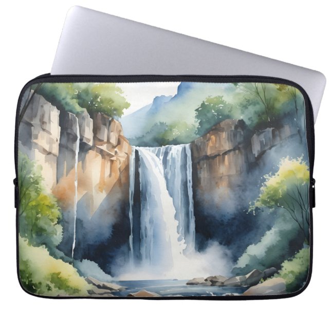 ウォーターカラー（水彩画）の滝 ラップトップスリーブ (正面)