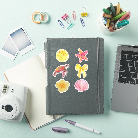 ウォーターカラー 海岸 夏 ステッカー セット | ウミガメ シール (iPadカバー)