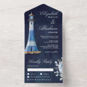 ウォーターカラー+灯台+ネイビーブルー+航海+結婚式 オールインワン招待状 (内側)