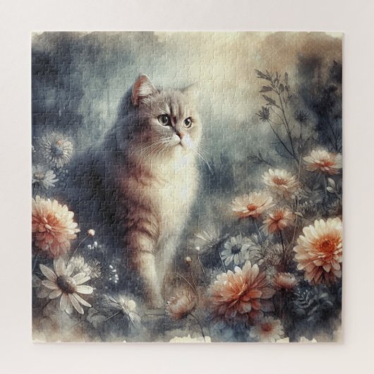 ウォーターカラー 猫と花柄 ジグソーパズル (縦)