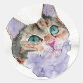 ウォーターカラー 猫 ラウンドシール (正面)