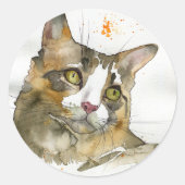 ウォーターカラー 猫 ラウンドシール (正面)