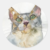 ウォーターカラー 猫 ラウンドシール (正面)