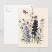 ウォーターカラー 紫, ピンクの庭の花, 蝶  ポストカード (正面/裏面)