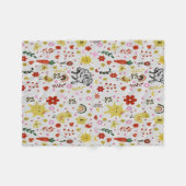 ウォーターカラー 羊、花、太陽 パターン フリースブランケット (正面(横))
