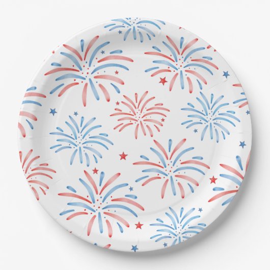 ウォーターカラー 花火 アメリカ独立記念日 パーティー ペーパープレート (正面)