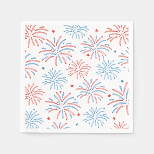 ウォーターカラー 花火 七月四日 独立記念日 パーティー スタンダードカクテルナプキン (正面)