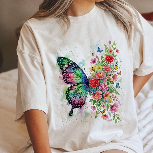 ウォーターカラー 蝶と花 トライブレンドTシャツ