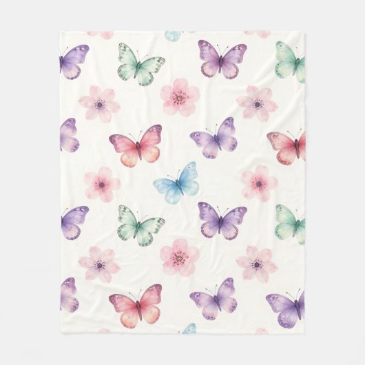 ウォーターカラー 蝶 桜 パターン フリースブランケット (正面)