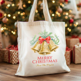 ウォーターカラー 赤いリボン ゴールドベル Christmas オーダーメイド トートバッグ